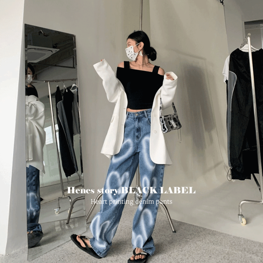 [무배] 하트 프린팅 데님팬츠 하트청바지