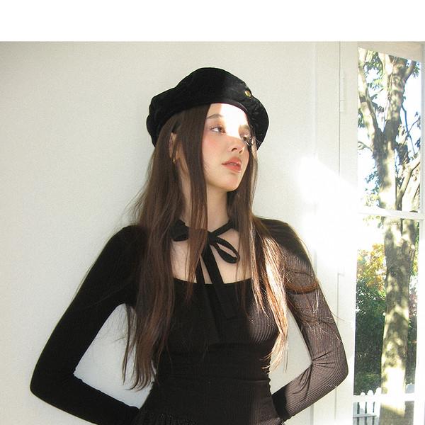 UE Black Ribbon Strap Round Neck Knit Bud Dress