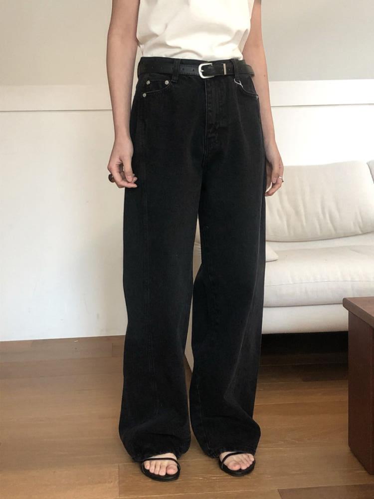 (당일) 르버터 블랙 절개 진 여성 봄 와이드 블랙 데님 팬츠
