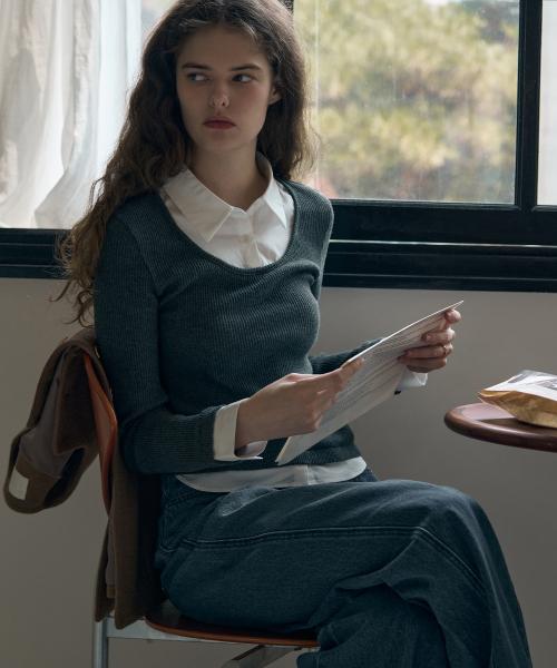 포엠 레이어드 카라 셔츠 탑 [CHARCOAL]