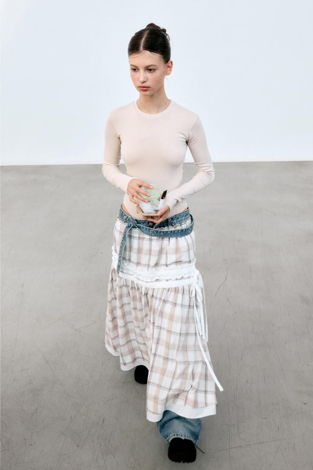 VINTAGE RUFFLE LAYERED LONG SKIRT (CHECK)