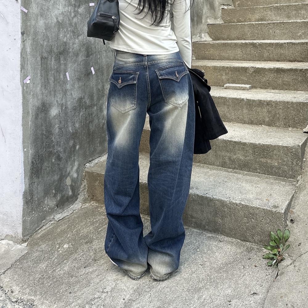 빈티지 워싱데님 진청바지 포켓데님팬츠 여자청바지