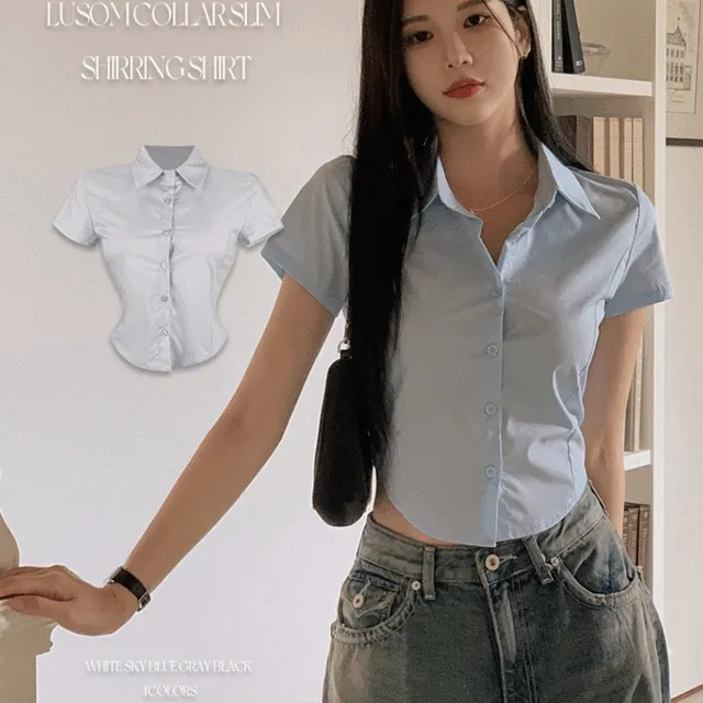 [잘록허리핏👌/만능데일리템💛] 루솜 카라넥 슬림핏 밑단 굴림 셔링 절개 단추 베이직 크롭 반팔 셔츠