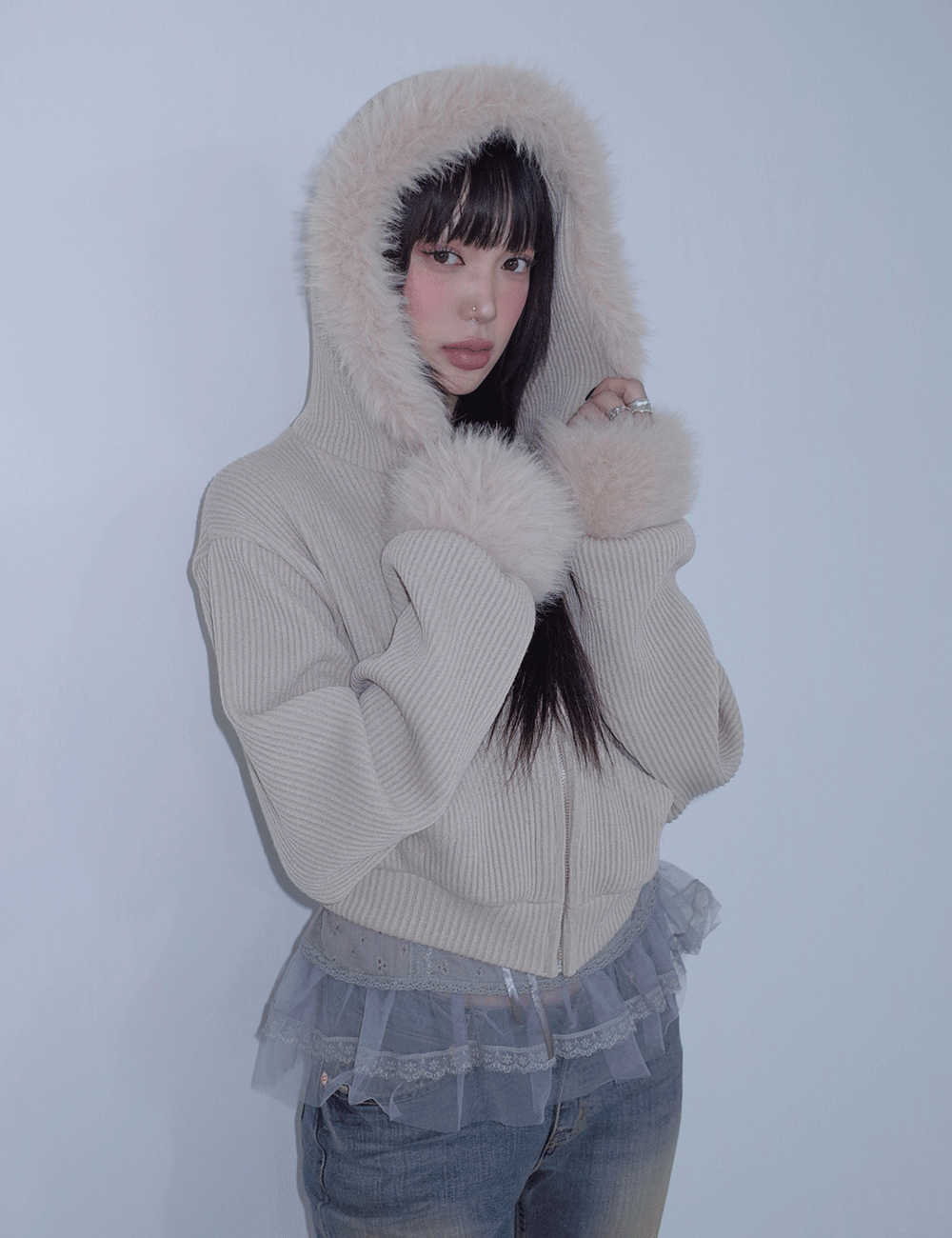 RIBBED HOODIE FUR ZIP-UP / 골지 후드 퍼 집업