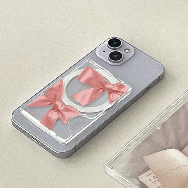 (자체제작)[SET10%할인] 맥세이프 투명 카드 포켓 리본 아이폰 갤럭시 교통 카드 지갑 2장 수납 자석 케이스 탈부착