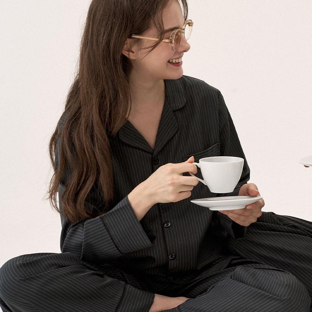 실크핏 모던 블랙 긴팔 커플 카라 잠옷세트