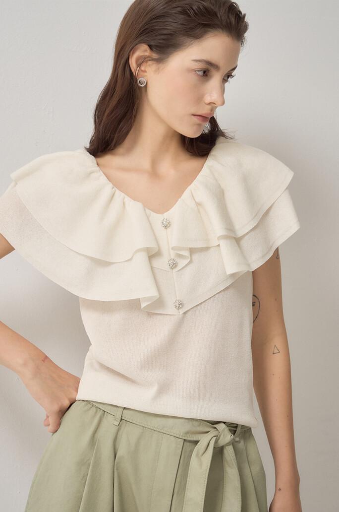 [LANVIN COLLECTION] 울 블렌드 러플 슬리브 니트 탑