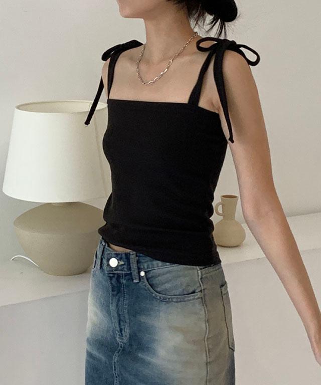 [러블리🖤4colors] 토니 리본 스퀘어넥 끈 크롭 나시
