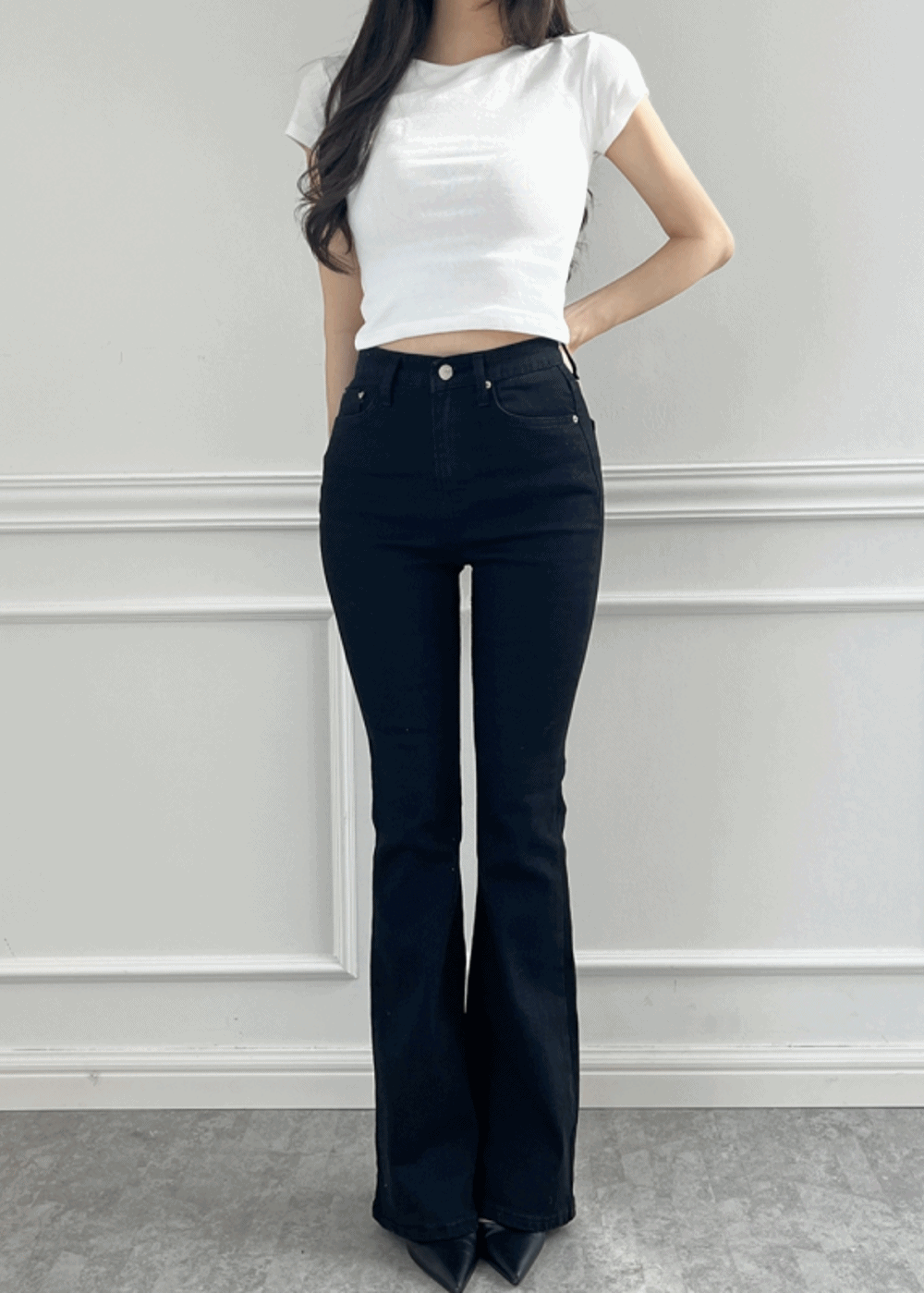 코튼블랙 [무료배송][허리잘록/포토샵진] 블랙 하이웨스트 데님 부츠컷 팬츠