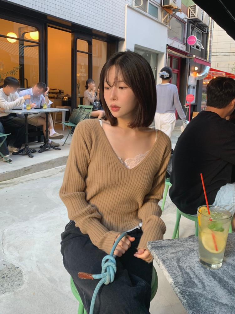 골지 딥 브이넥 니트 (3col)