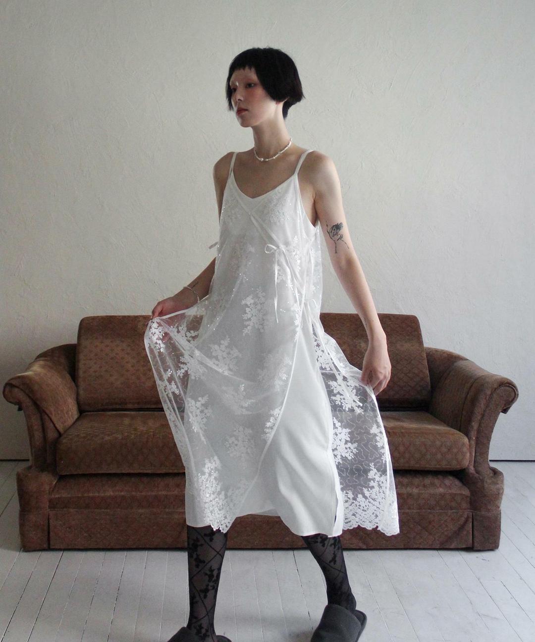 Sequin Lace Apron Dress for Layering (WHITE)