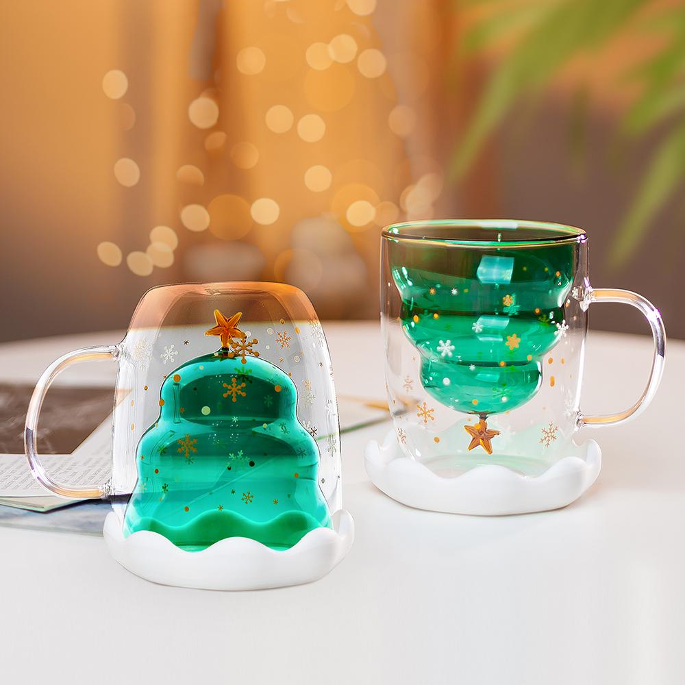 레토 이중 내열 유리컵 2P 세트 크리스마스 트리 물컵 머그컵 300ml 집들이 선물
