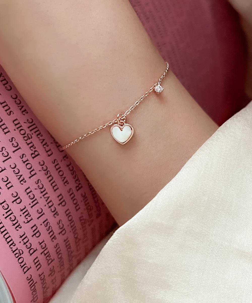 [무배] 실버925 하트 자개 참 큐빅 팔찌 (실버 로즈골드)
