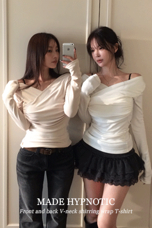 히프나틱 [MADE:자체제작]양브이넥 셔링 랩 티셔츠