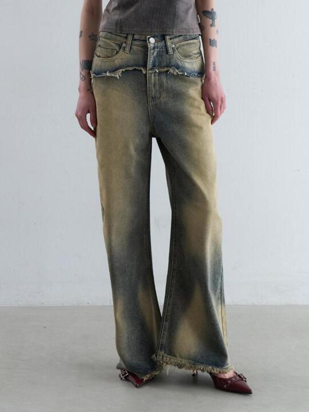 FRINGE LAYERED DENIM WIDE PANTS [DEEP BLUE]