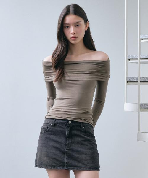 우먼즈 텐셀 턴 다운 오프 숄더 긴소매 티셔츠 [더스티 카키]