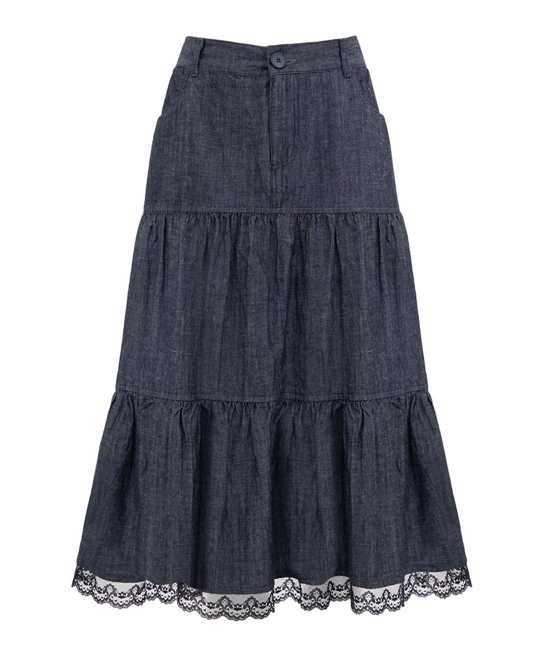오션 데님 워싱 셔링 캉캉 티어드 레이스 미디 스커트_네이비