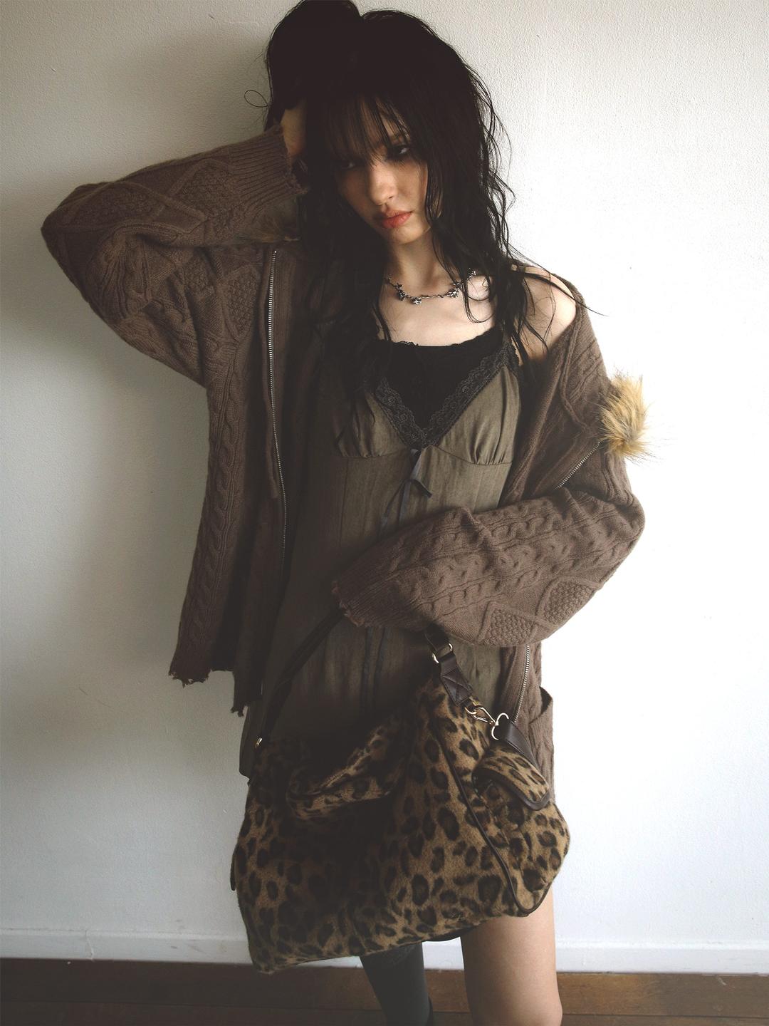 Removable Shearling Knit Hoodie Zip Brown