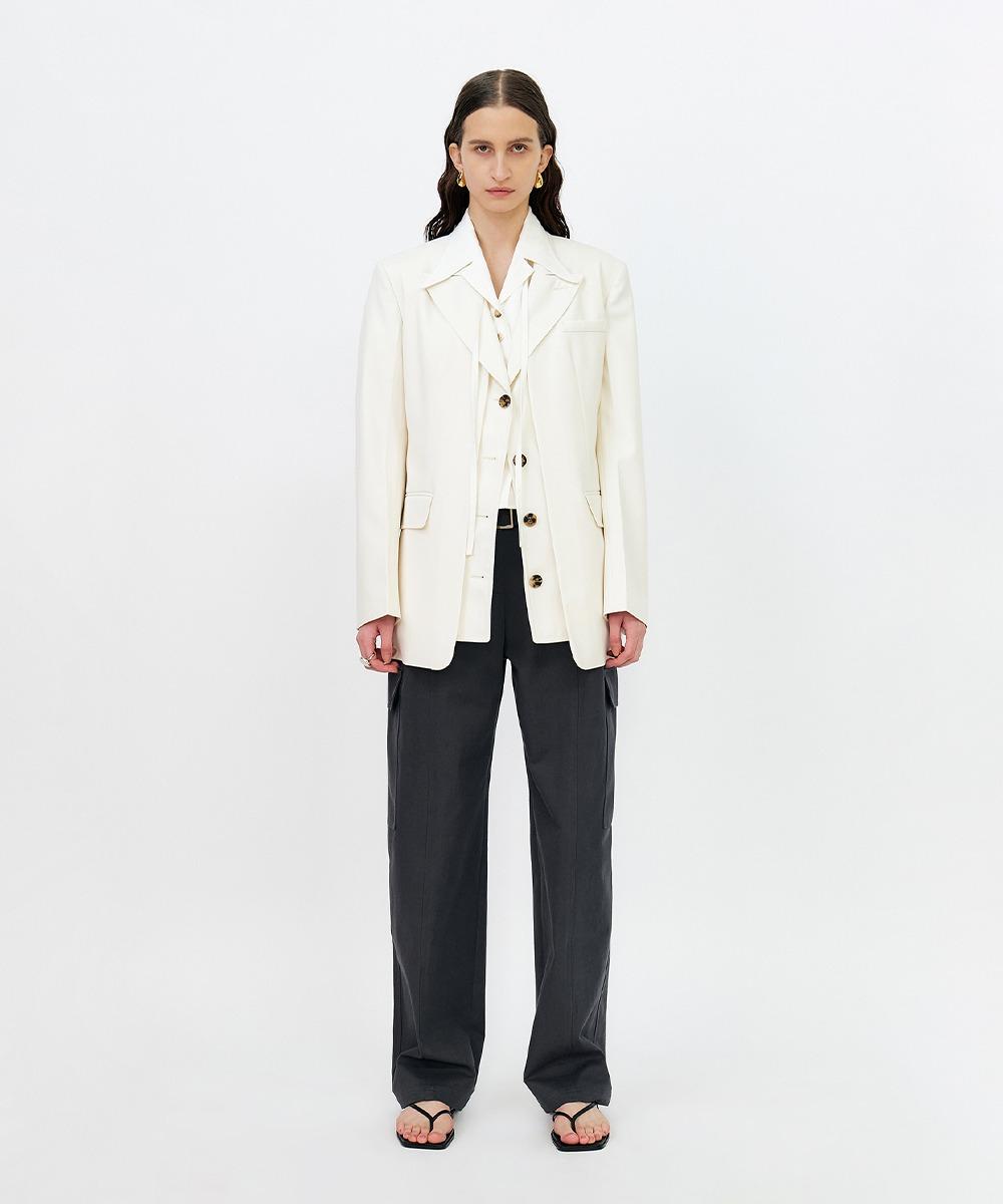 OVERSIZED TAILORED PEAKED-COLLAR DOUBLE-LAYERED BLAZER - ECRU