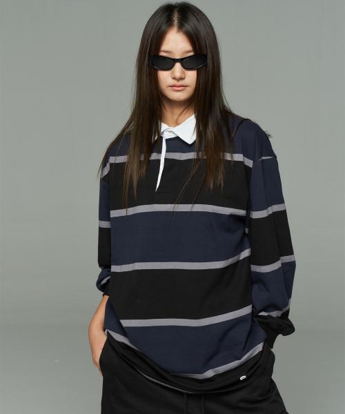 스트라이프 럭비 셔츠 네이비