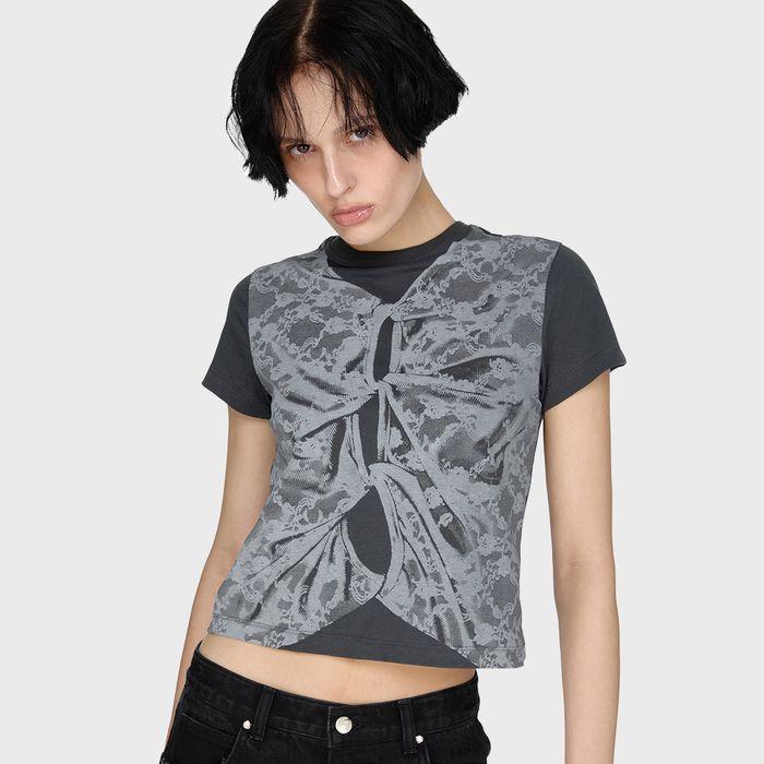 Lace Printing Layered T-shirt, CHARCOAL