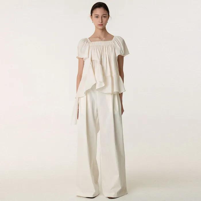 Square Neck Ruffle Blouse Cream