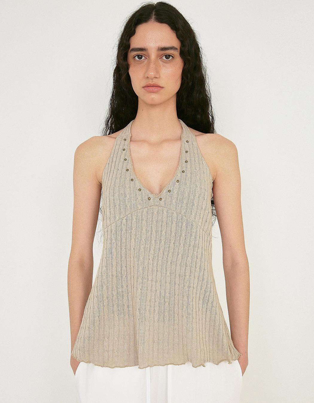 STUDDED CABLE HALTER TOP, BEIGE