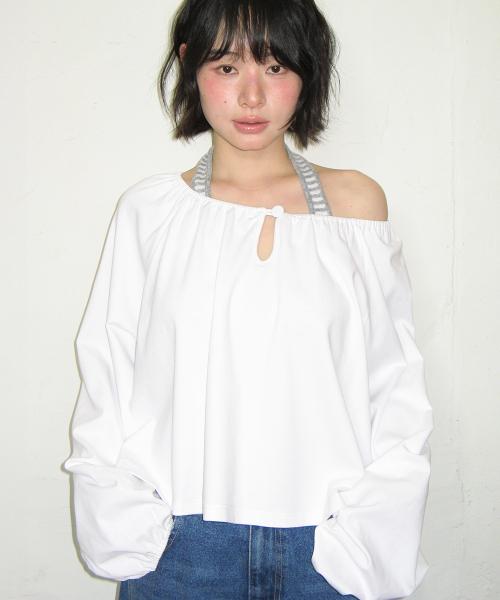 VOLUME SHIRRING BUTTON LONG SLEEVE WHITE