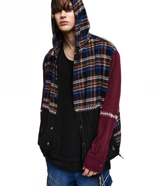 KNIT MIXED CHECK HOOD - BLACK