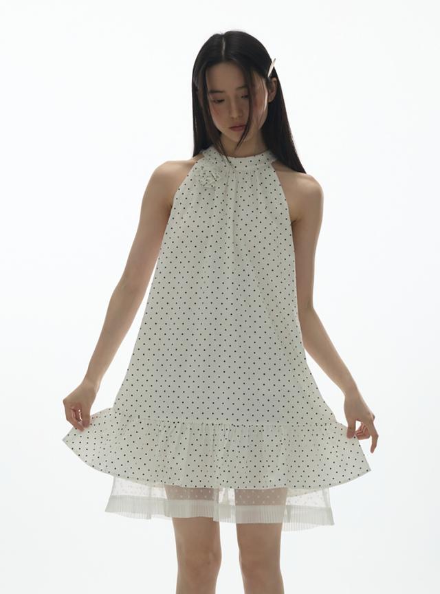Polka Dot Mesh Halter Strapless Long Dress