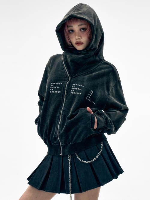 STUDDED Y ZIP-UP HOODIE BLACK