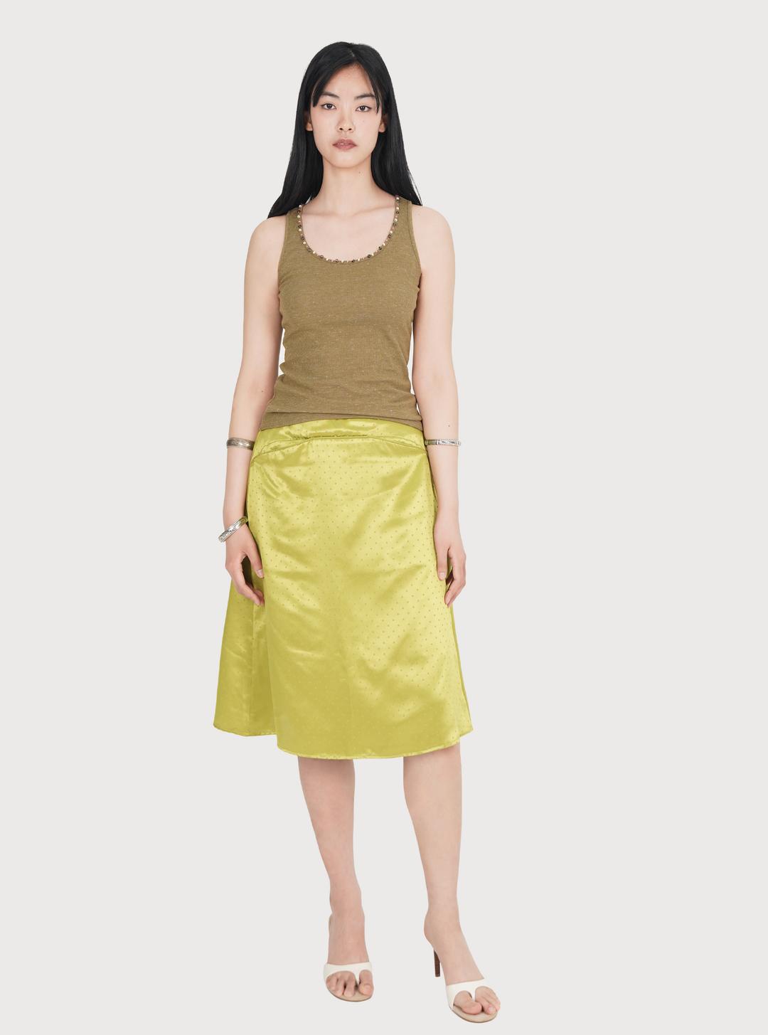 Curved Line Dotted Satin Skirt - lime