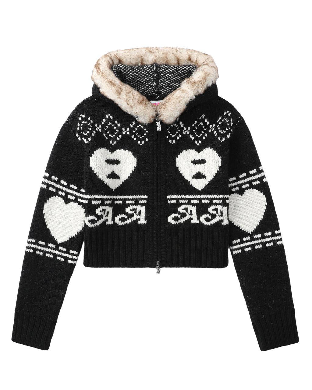 Moonface logo intarsia zip-up hooded cardigan