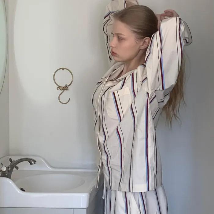 [29CM 단독][알러쉴드](uni) 비포선셋 고밀도 순면 스트라이프 파자마 애쉬나잇