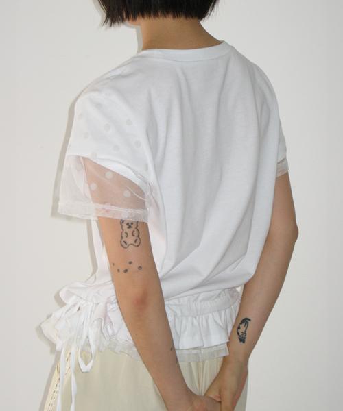 DOT MESH FRILL SHORT SLEEVE T SHIRT WHITE