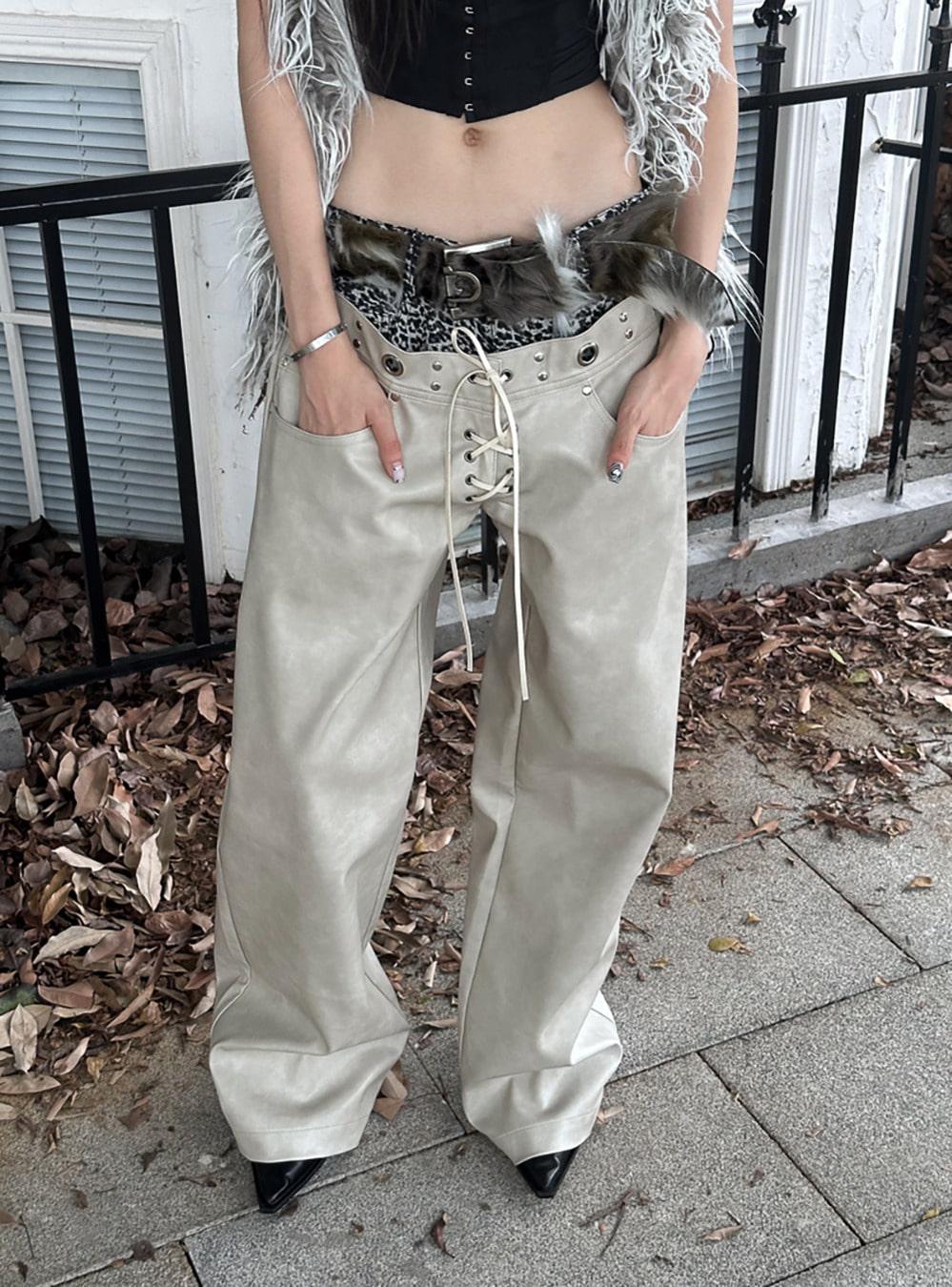 Leopard Layer Punk Leather Pants (2color)