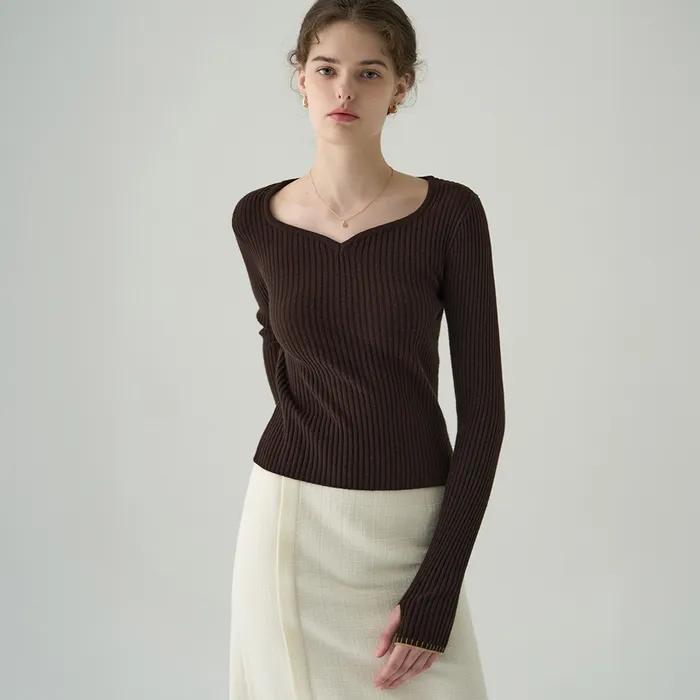 하트 넥 골지 슬림 니트 탑 [BROWN]