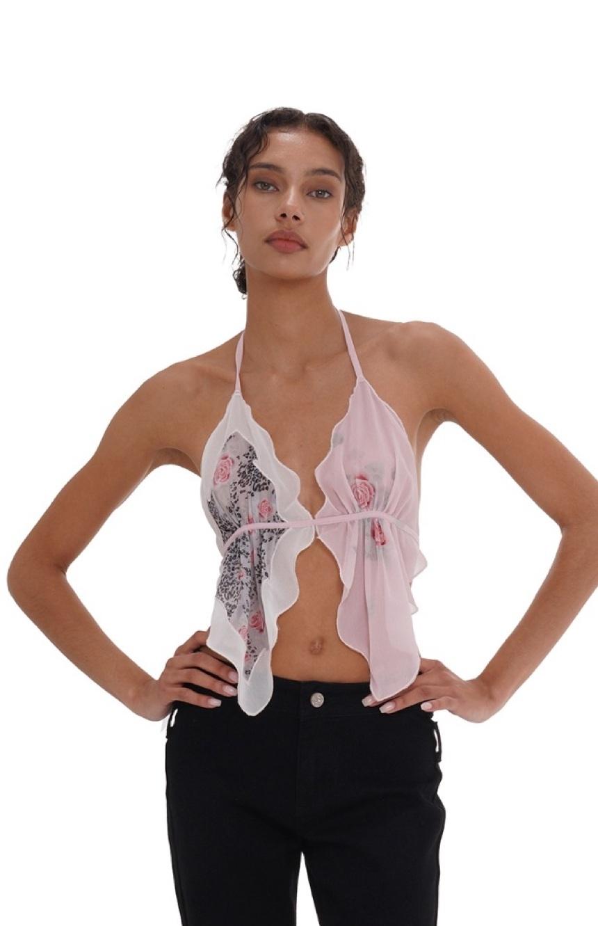 [예약 판매 10% 할인] SweetChilling printed scarf halter petal top