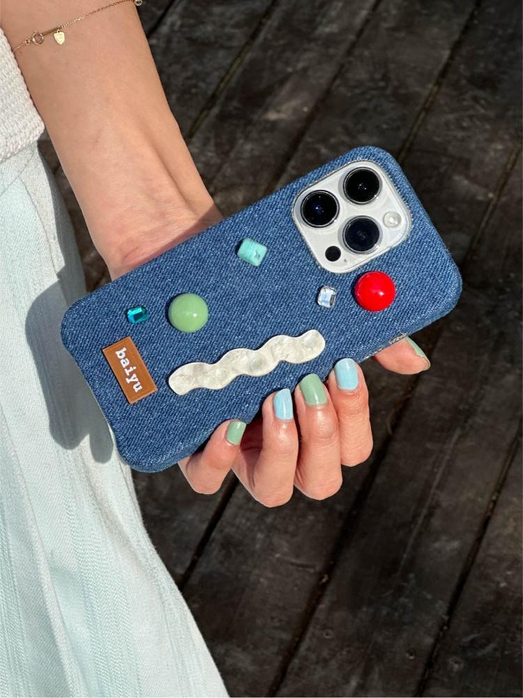 수심 Denim Pebble Case 데님 아이폰 케이스 보석 유니크 y2k 키치 감성