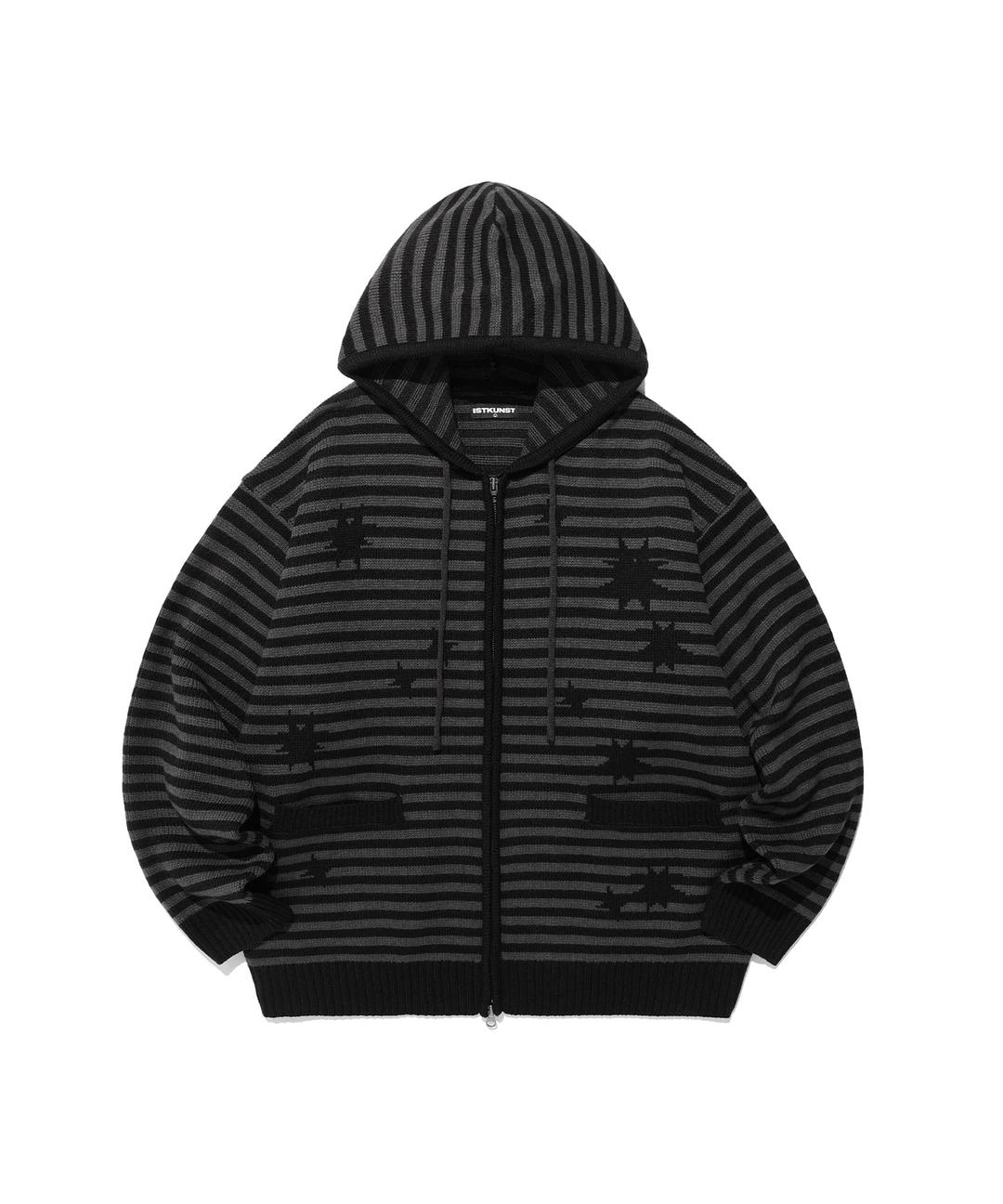star stripe knit hood zip up_black