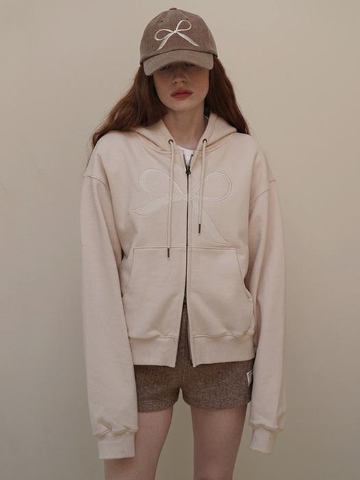 Cream Velvet Ribbon Hoodie Zip-up