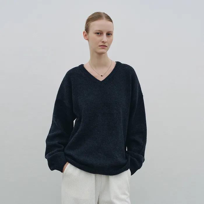 Drop Wool V-neck Pullover (Navy)