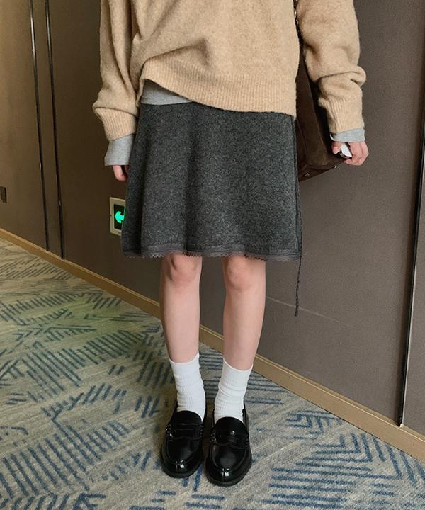 에이비글 [3컬러🎀] 제니즈 레이스 니트 미디 스커트  스트링 리본 레이어드 H라인 울스커트 치마