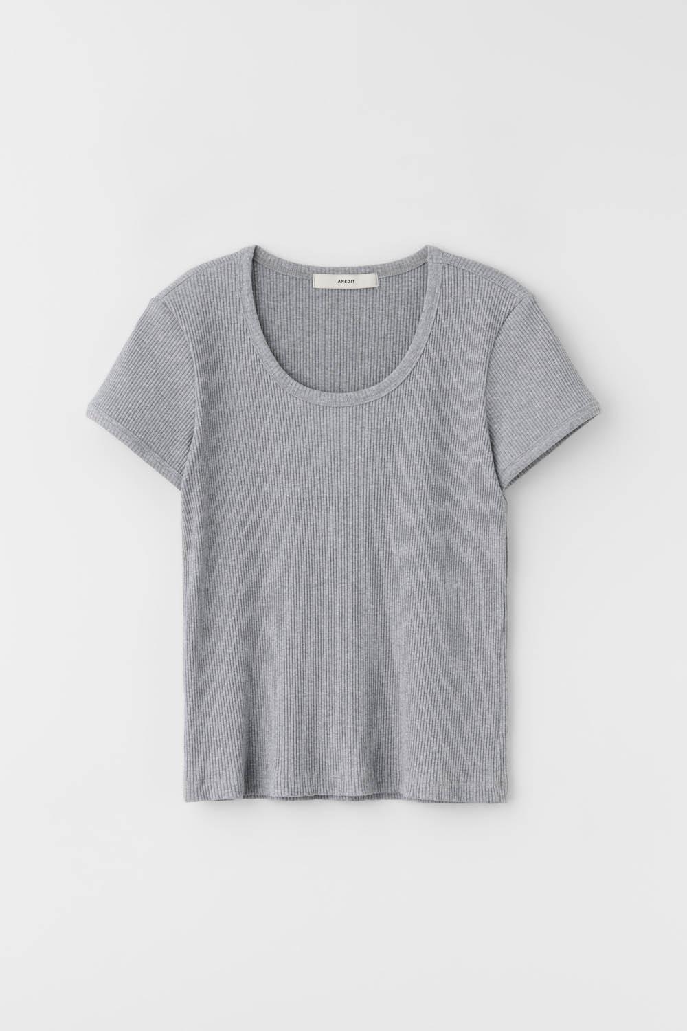 G U Neck Rib Half Tshirt_Melange Gray