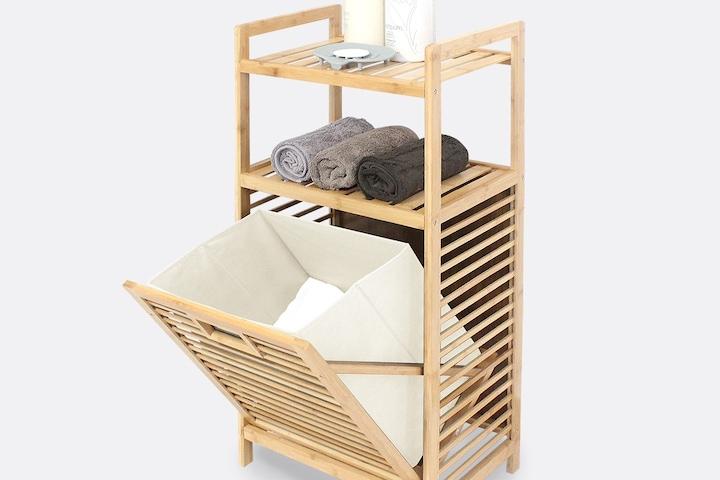 [한정특가] 아이보리 출시! 리뉴얼 대나무 햄퍼 원목 슬라이딩 빨래바구니 선반 수납장