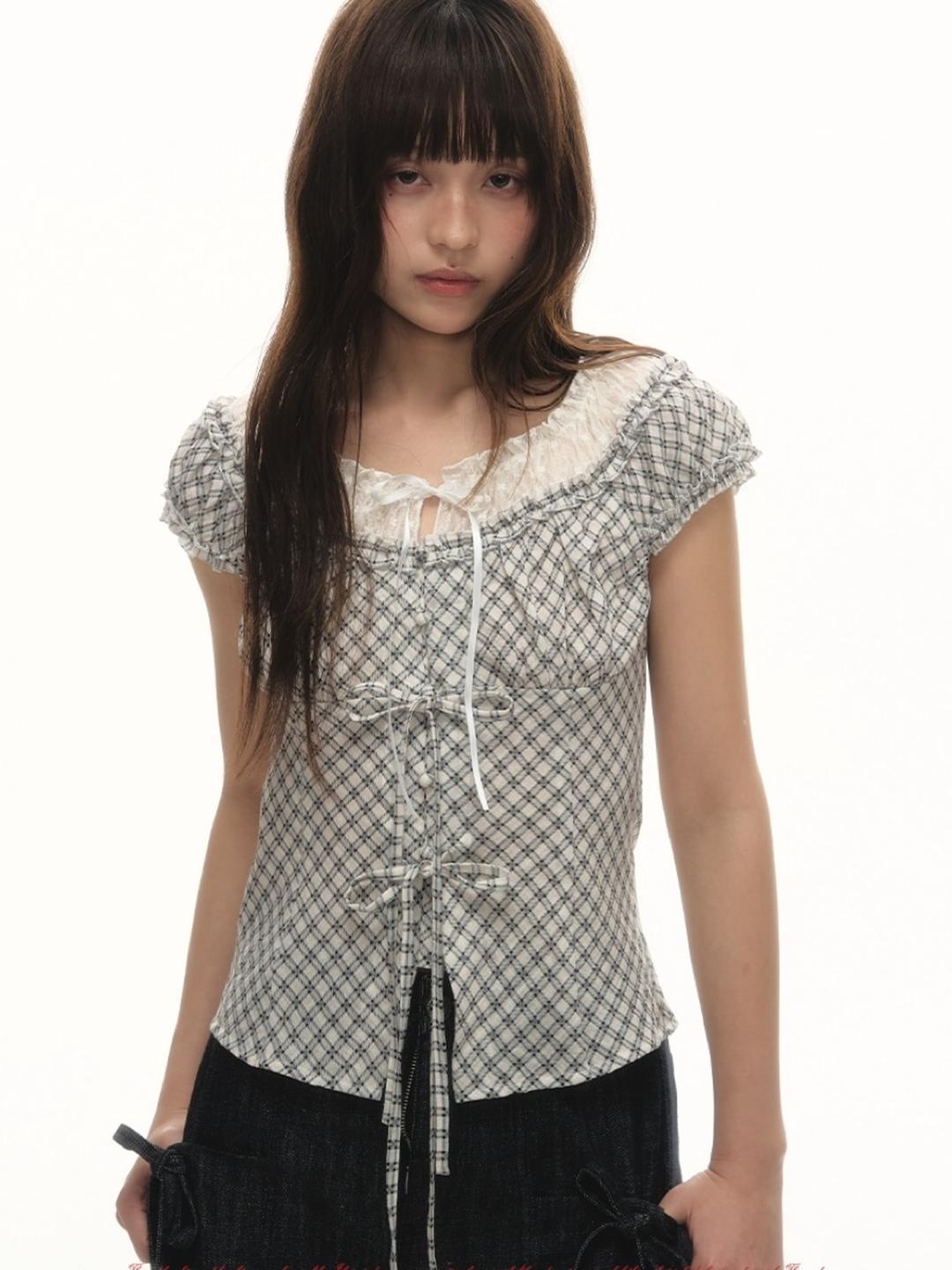 LOLOL Lace Tie Puff Blouse