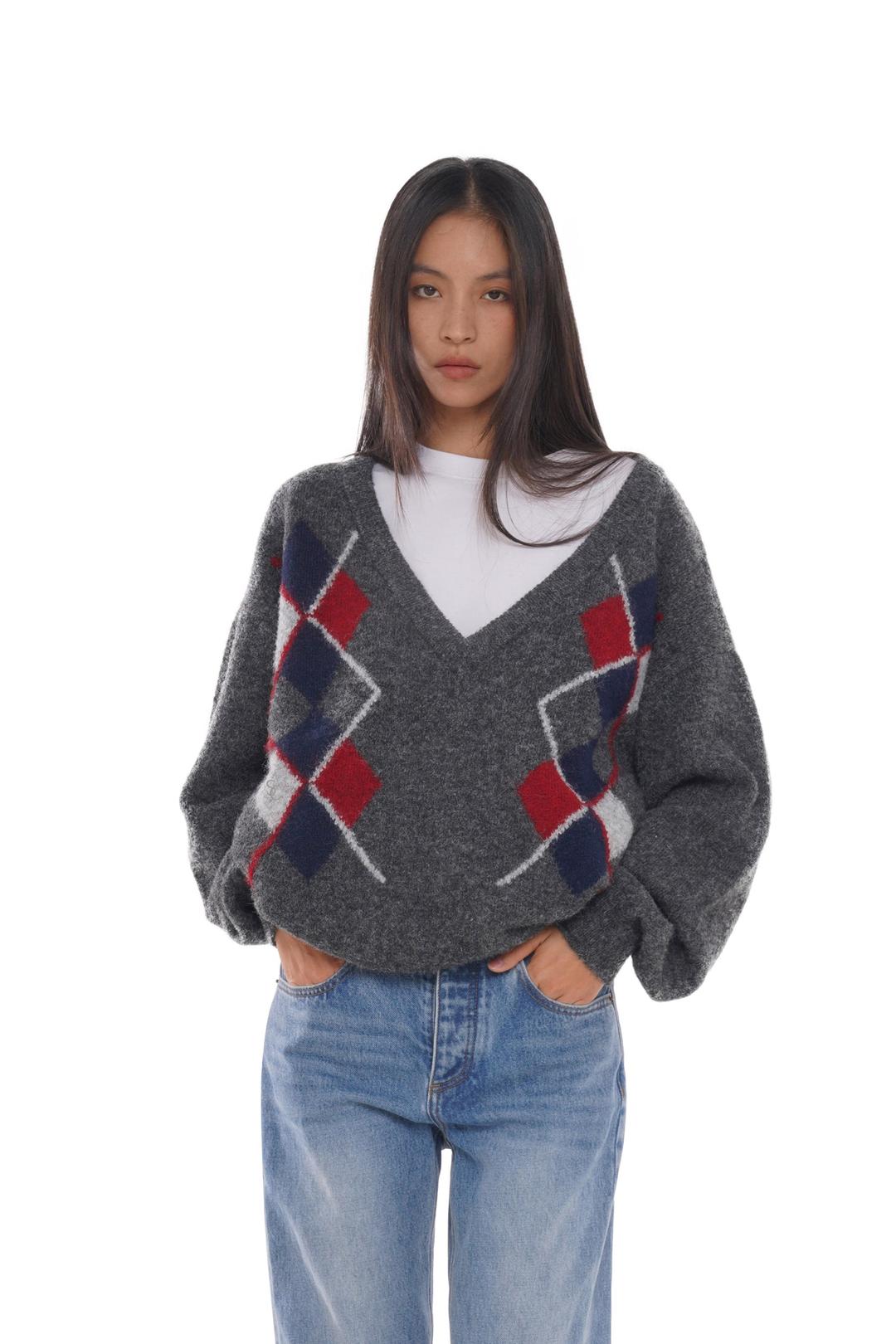 V-NECK WOOL-BLEND ARGYLE SWEATER - S
