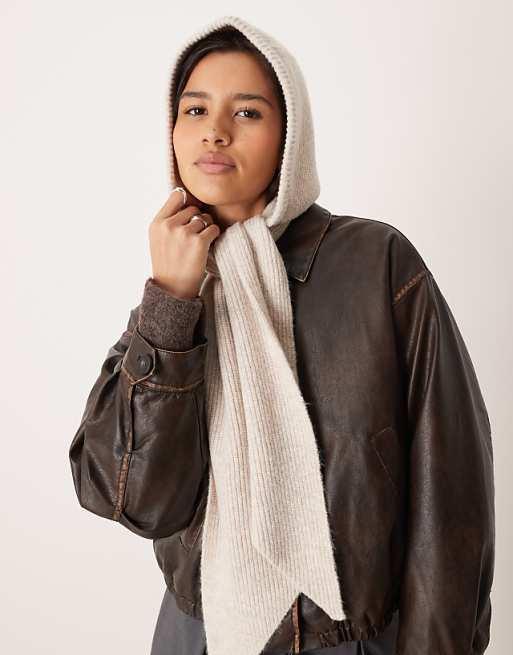 ASOS DESIGN knit hooded scarf in oatmeal