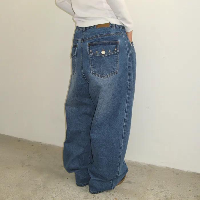 STUD BALLOON DENIM PANTS MEDIUM BLUE