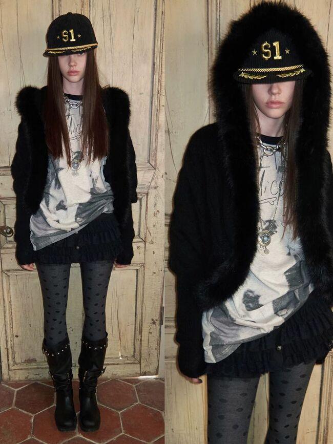 [1JINN STUDIO] Mohair Blend Fur Trim Hooded Cardigan